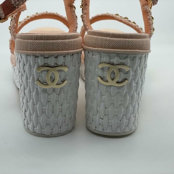 CHANEL 20C Tweed Leather Chain CC Raffia Platform Wedge Heel Sandals Shoes - Picture 5 of 11